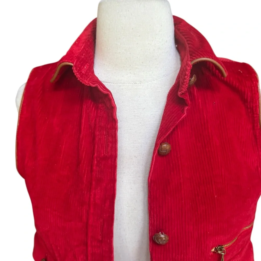 1970s Villager Red Corduroy w/Brown Trim Button‎ Down Vest